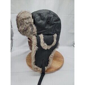 Mens 100% Leather Bomber Trapper Hat With Rabbit Fur Trim Embroidered Patch